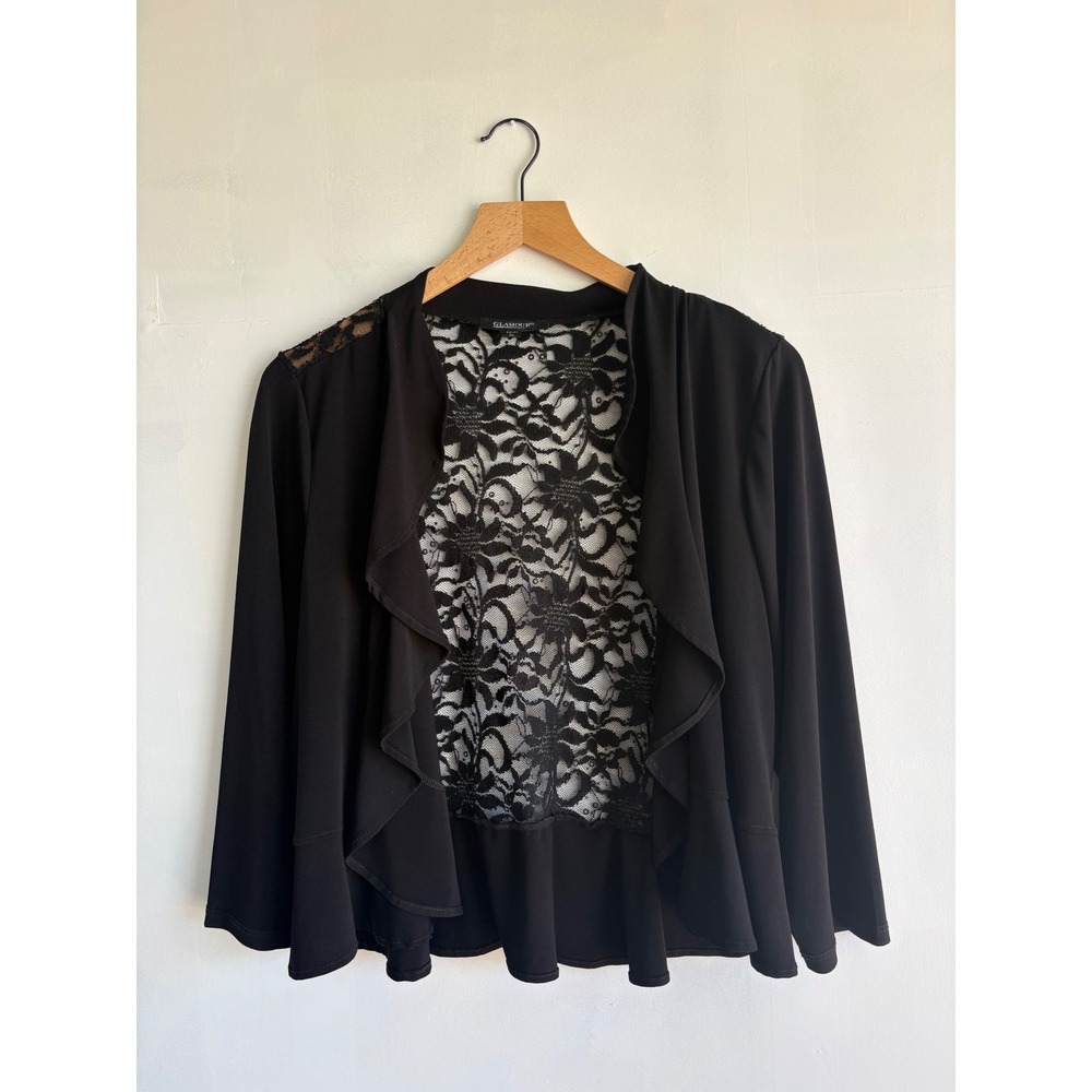 Glamour Black Lace Back Sequin Open Front Ruffle Cardigan XL Womens
